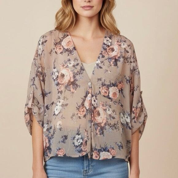 Pins and Needles Floral Sheer Boho Blouse Women's S Taupe Pink Button Top Casual - Picture 1 of 16